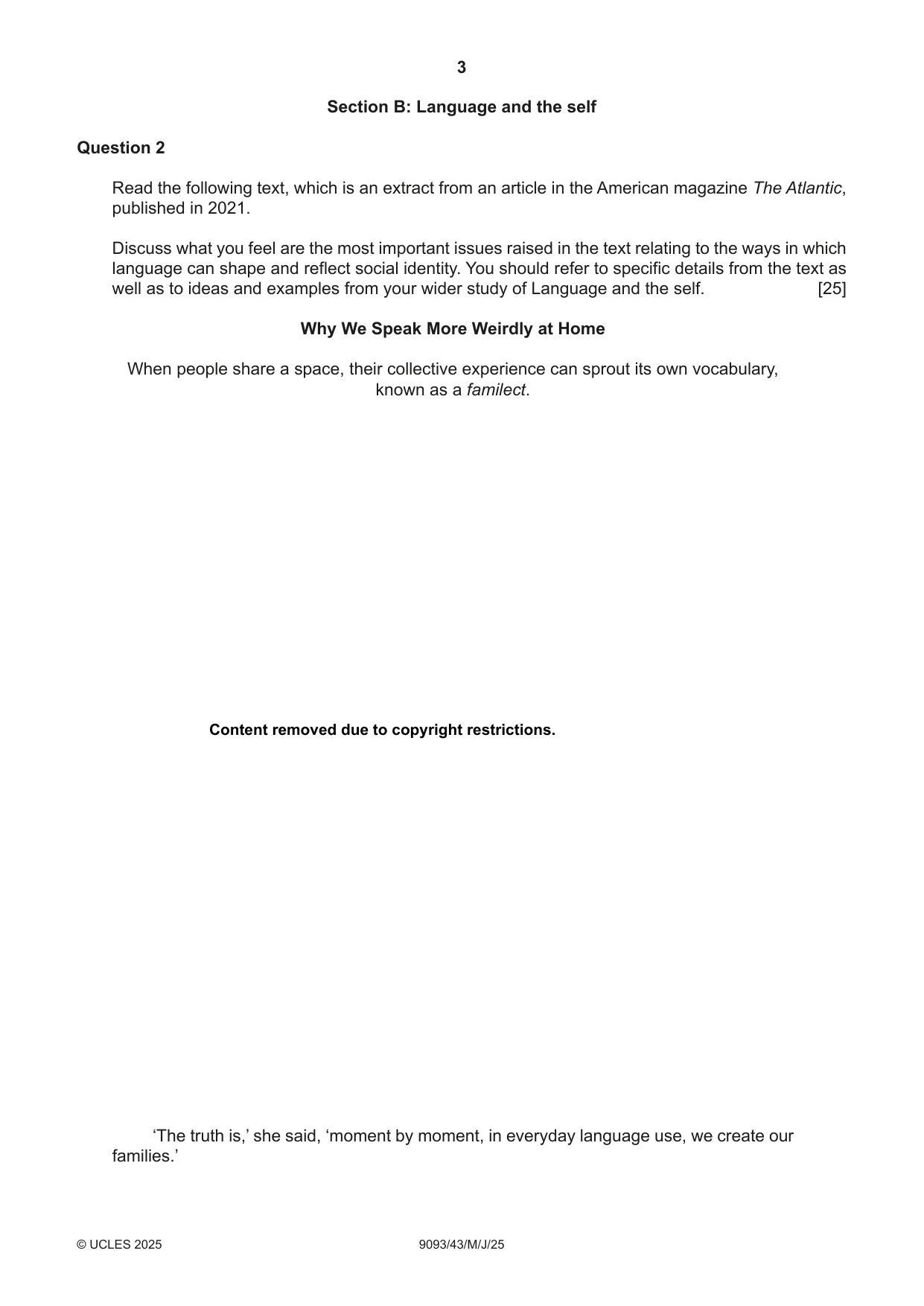 Cambridge A Level English - Language AS and A Level (from 2014) 9093 2025 May/June Paper 4 · Variant 3 question paper, page 3 of 4