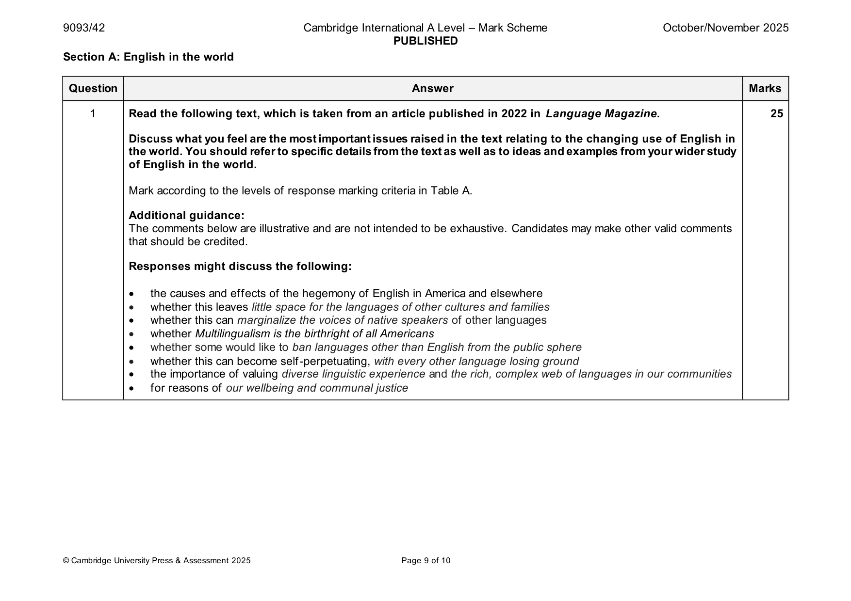 Mark scheme, page 9 of 10