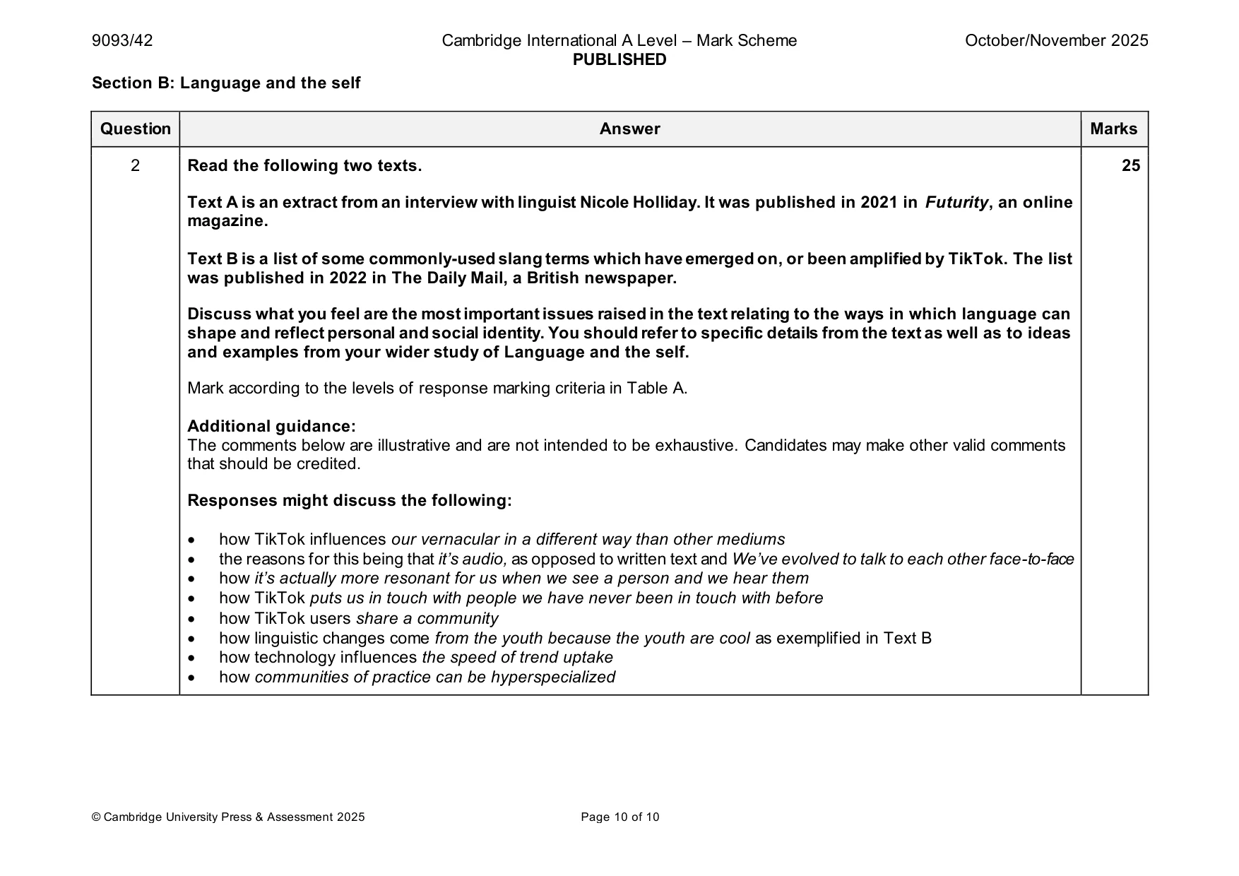 Mark scheme, page 10 of 10