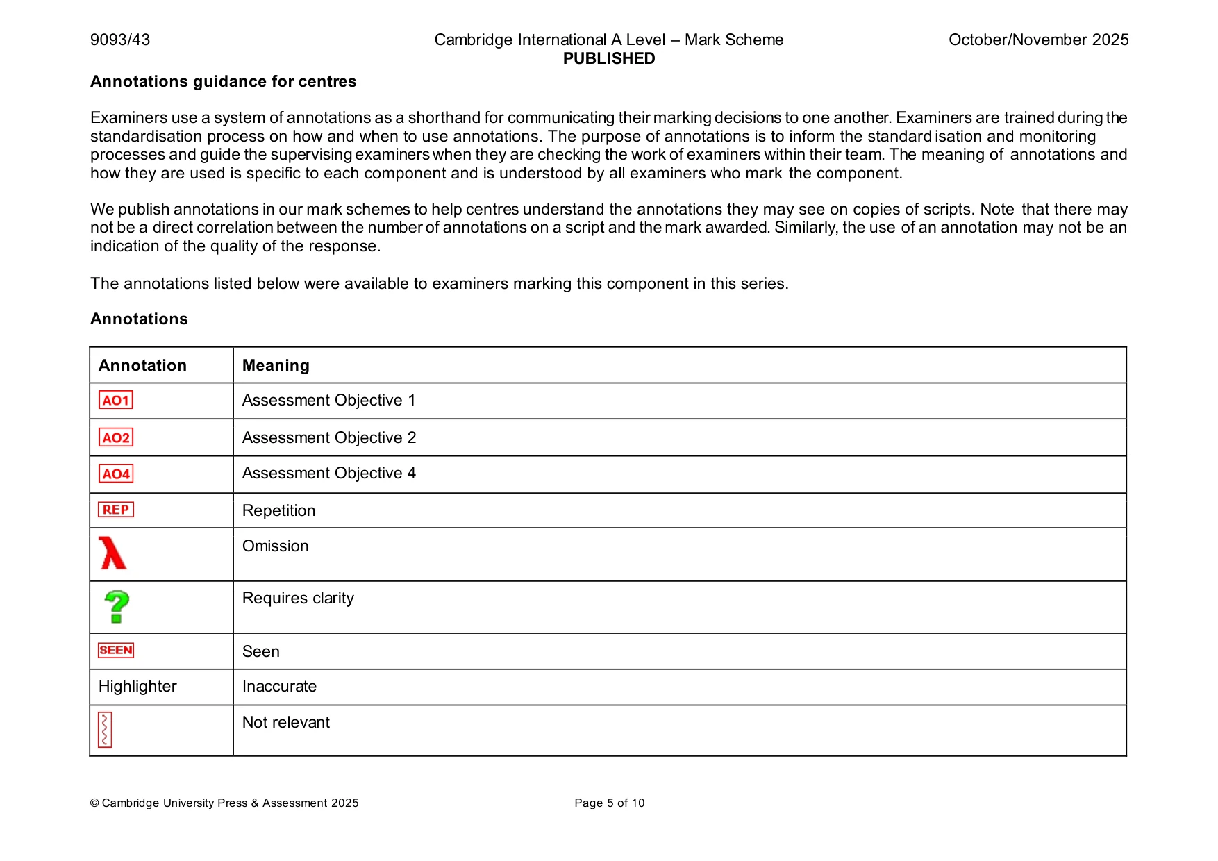 Mark scheme, page 5 of 10