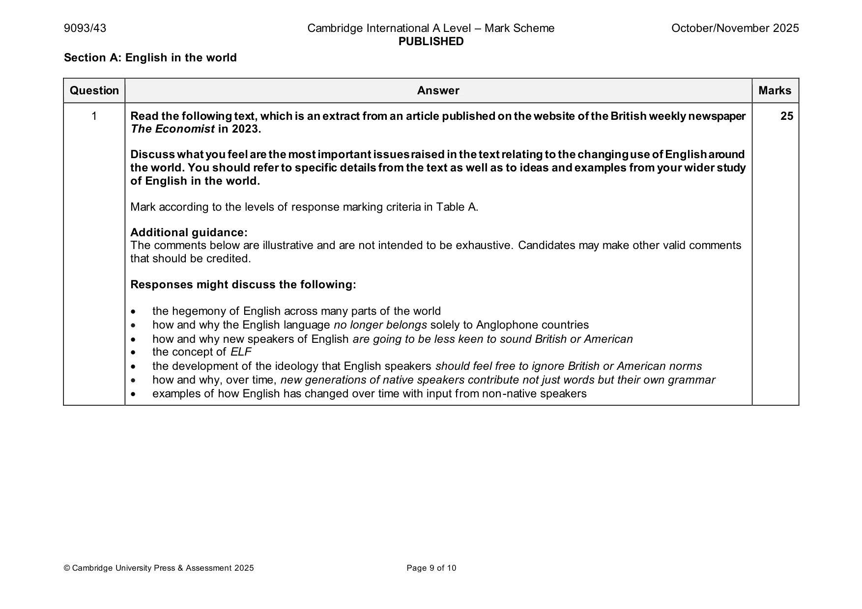 Mark scheme, page 9 of 10
