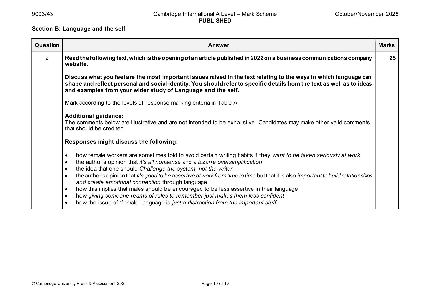 Mark scheme, page 10 of 10