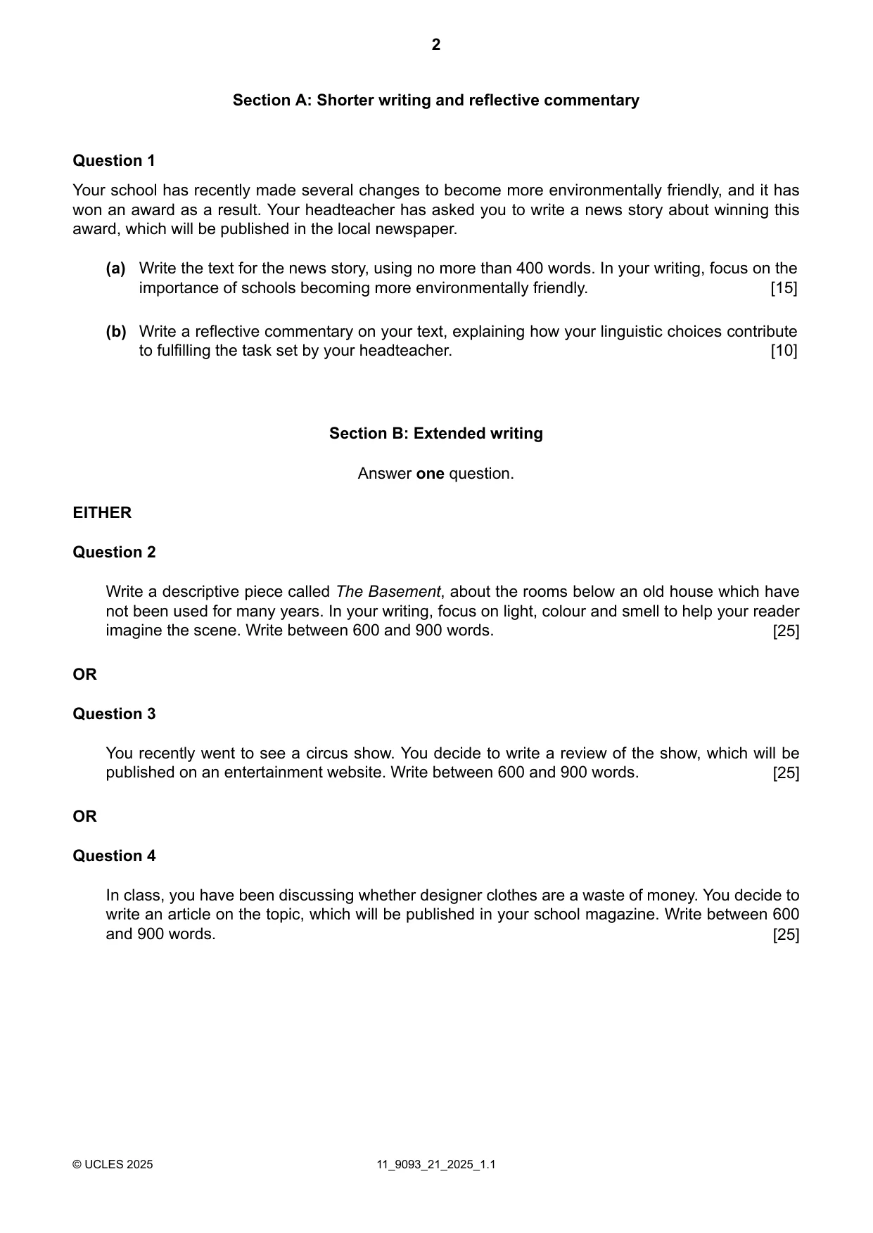 Cambridge A Level English - Language AS and A Level (from 2014) 9093 2025 Oct/Nov Paper 2 · Variant 1 question paper, page 2 of 4
