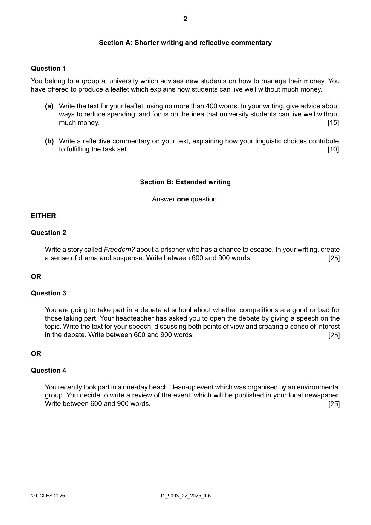 Cambridge A Level English - Language AS and A Level (from 2014) 9093 2025 Oct/Nov Paper 2 · Variant 2 question paper, page 2 of 4