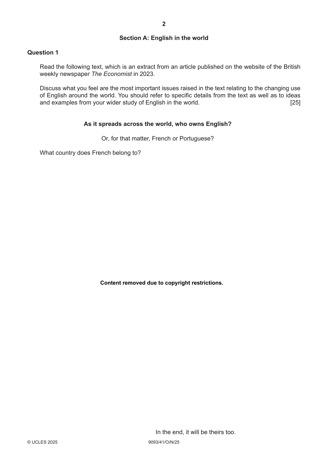 Cambridge A Level English - Language AS and A Level (from 2014) 9093 2025 Oct/Nov Paper 4 · Variant 1 question paper, page 2 of 8