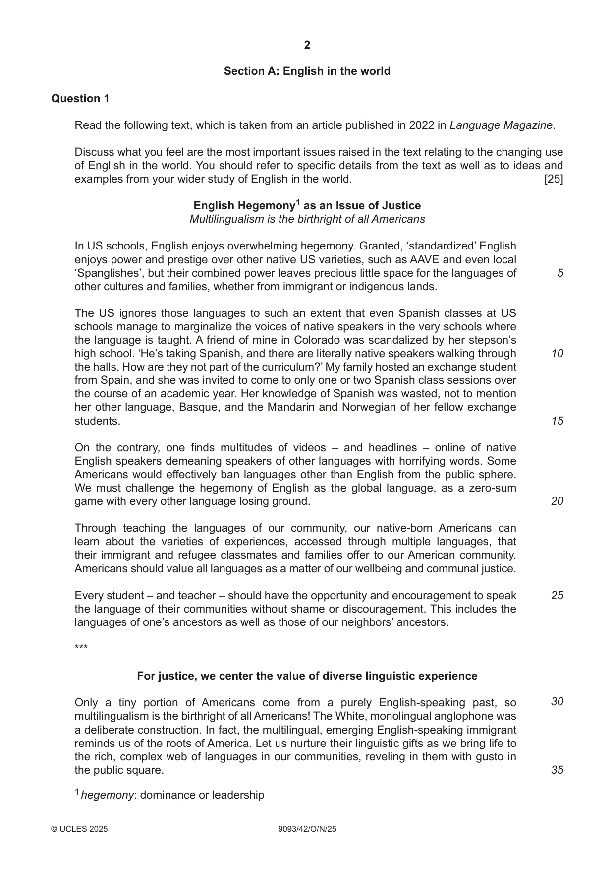 Cambridge A Level English - Language AS and A Level (from 2014) 9093 2025 Oct/Nov Paper 4 · Variant 2 question paper, page 2 of 8