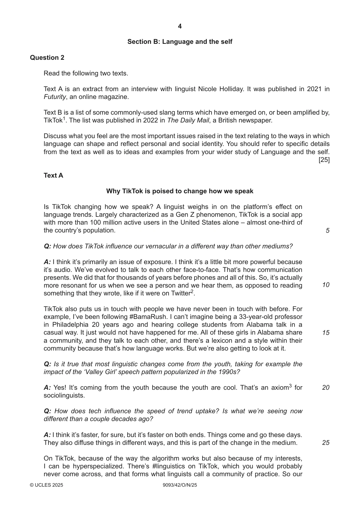 Cambridge A Level English - Language AS and A Level (from 2014) 9093 2025 Oct/Nov Paper 4 · Variant 2 question paper, page 4 of 8