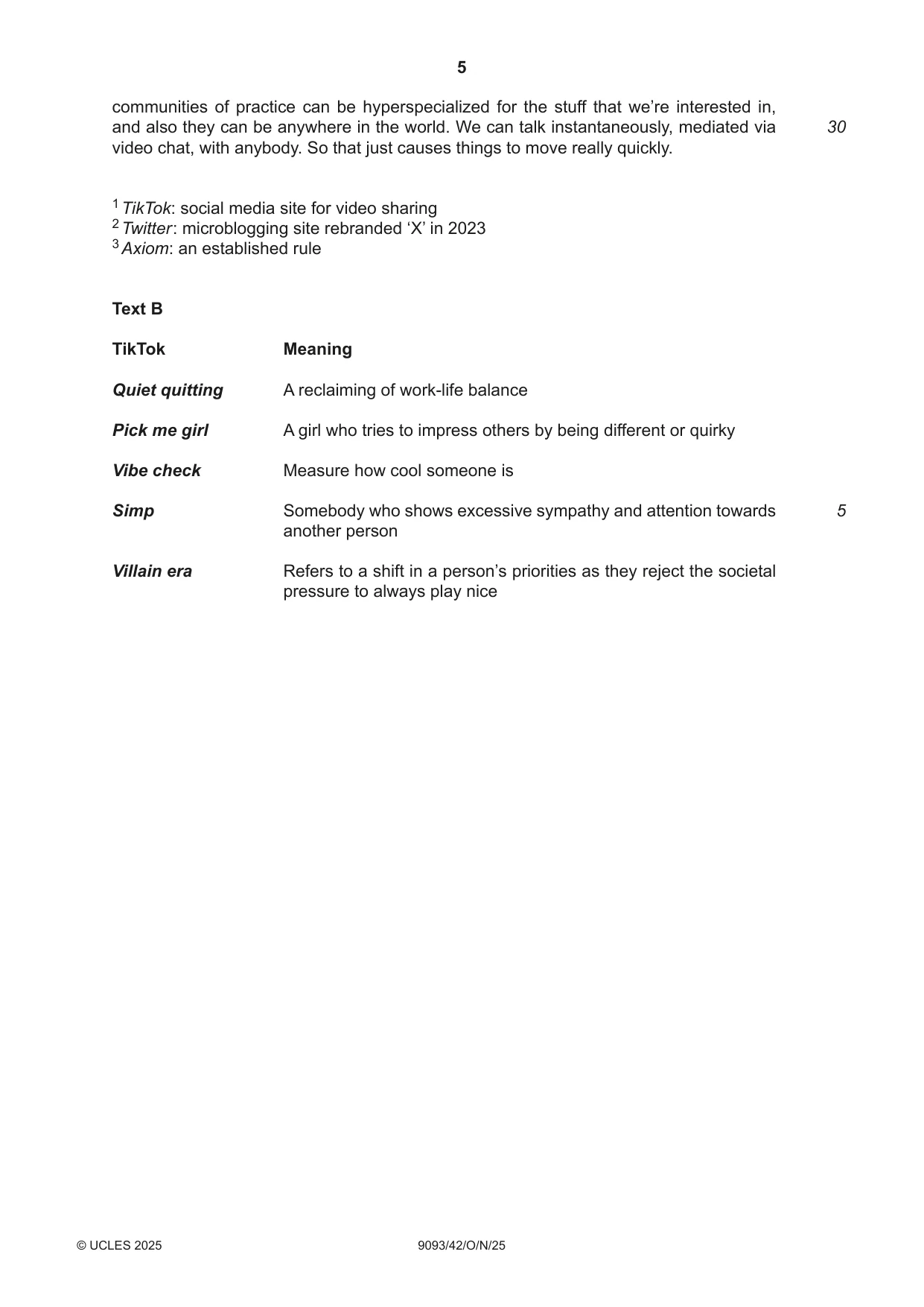 Cambridge A Level English - Language AS and A Level (from 2014) 9093 2025 Oct/Nov Paper 4 · Variant 2 question paper, page 5 of 8
