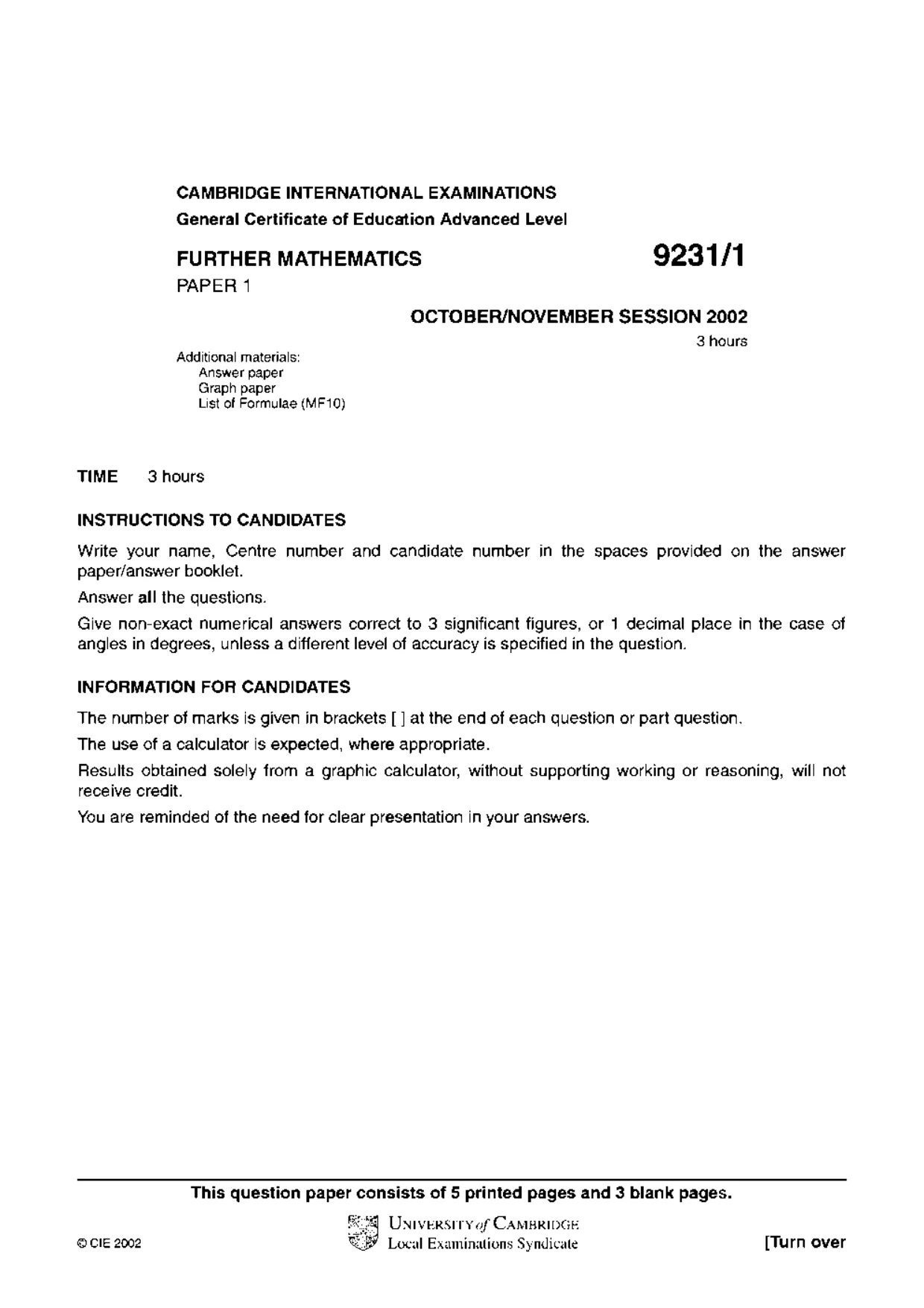 Cambridge A Level Mathematics - Further 9231 2002 Oct/Nov Paper 1 · Variant 1 question paper, page 1 of 8