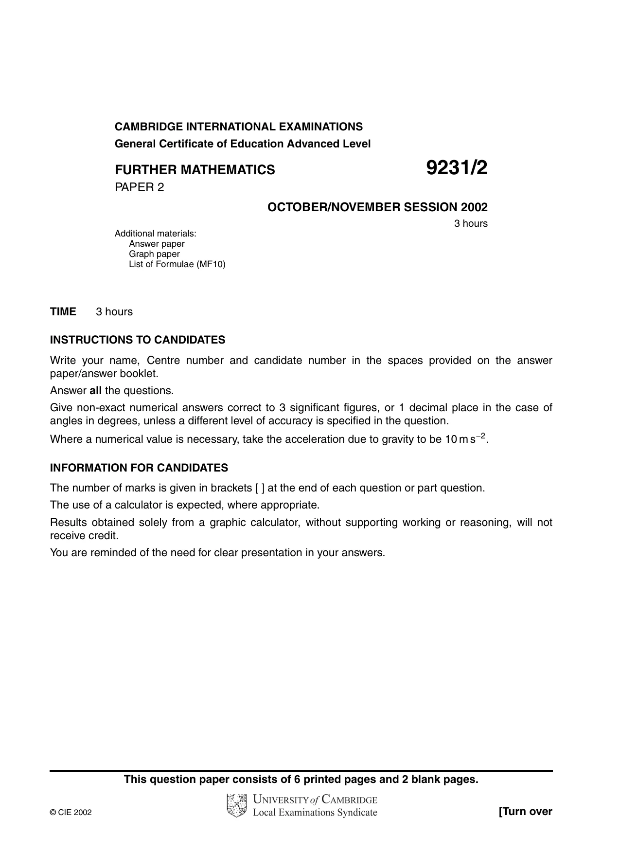 Cambridge A Level Mathematics - Further 9231 2002 Oct/Nov Paper 2 · Variant 1 question paper, page 1 of 8