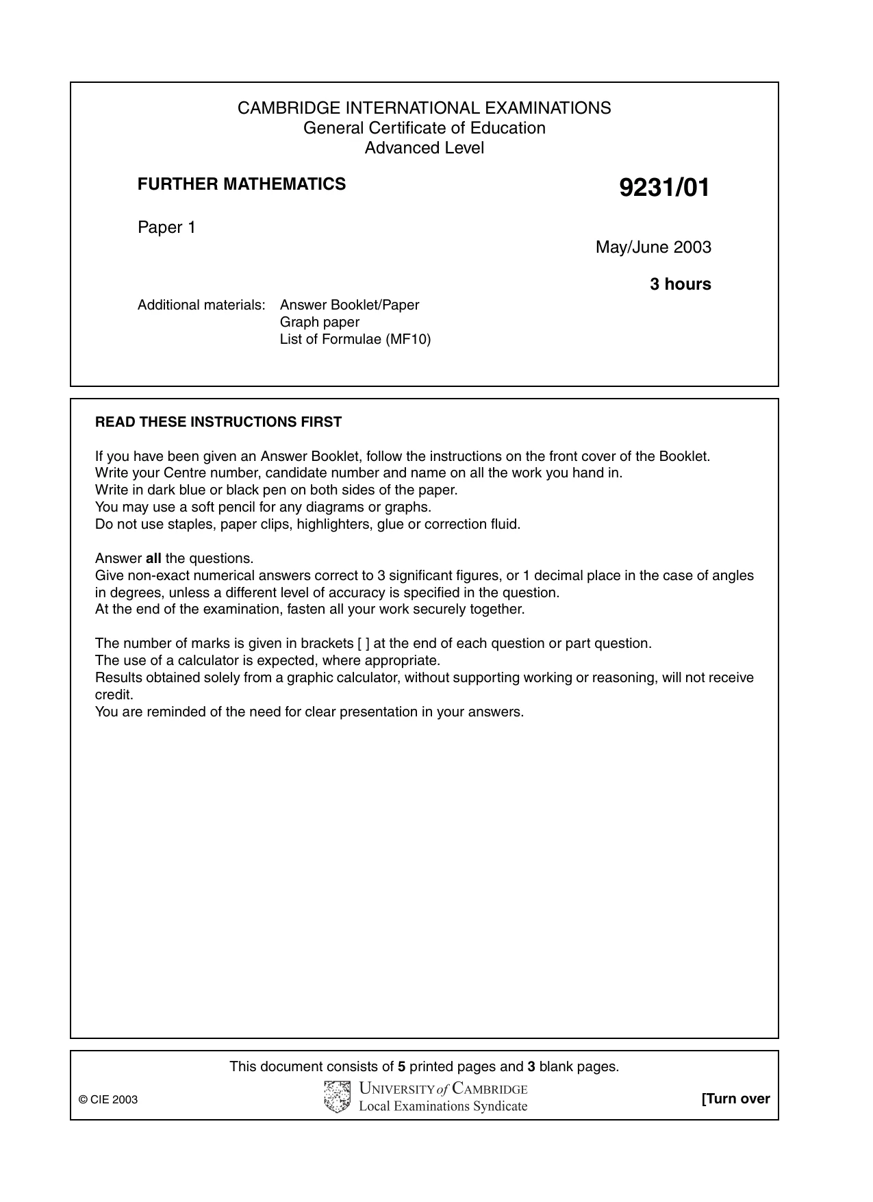 Cambridge A Level Mathematics - Further 9231 2003 May/June Paper 1 · Variant 1 question paper, page 1 of 8