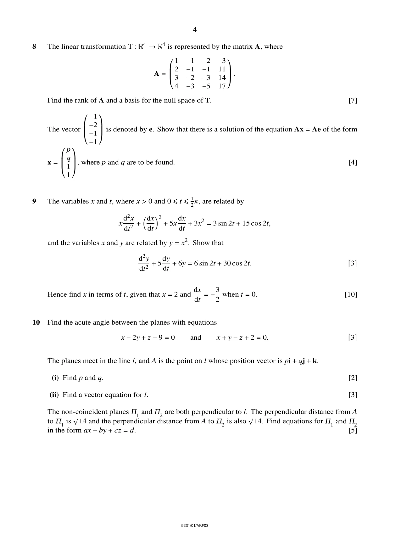 Cambridge A Level Mathematics - Further 9231 2003 May/June Paper 1 · Variant 1 question paper, page 4 of 8