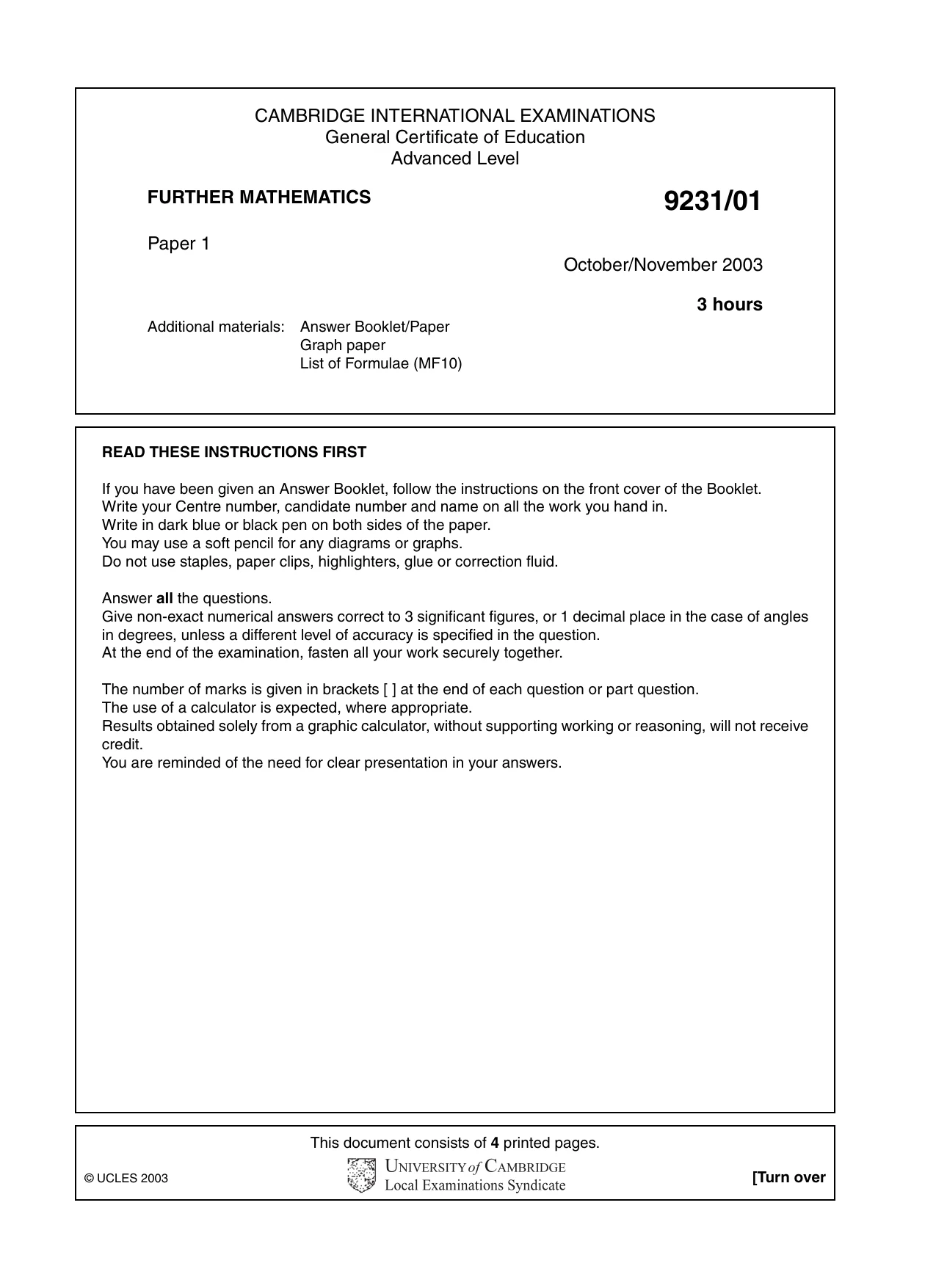 Cambridge A Level Mathematics - Further 9231 2003 Oct/Nov Paper 1 · Variant 1 question paper, page 1 of 4