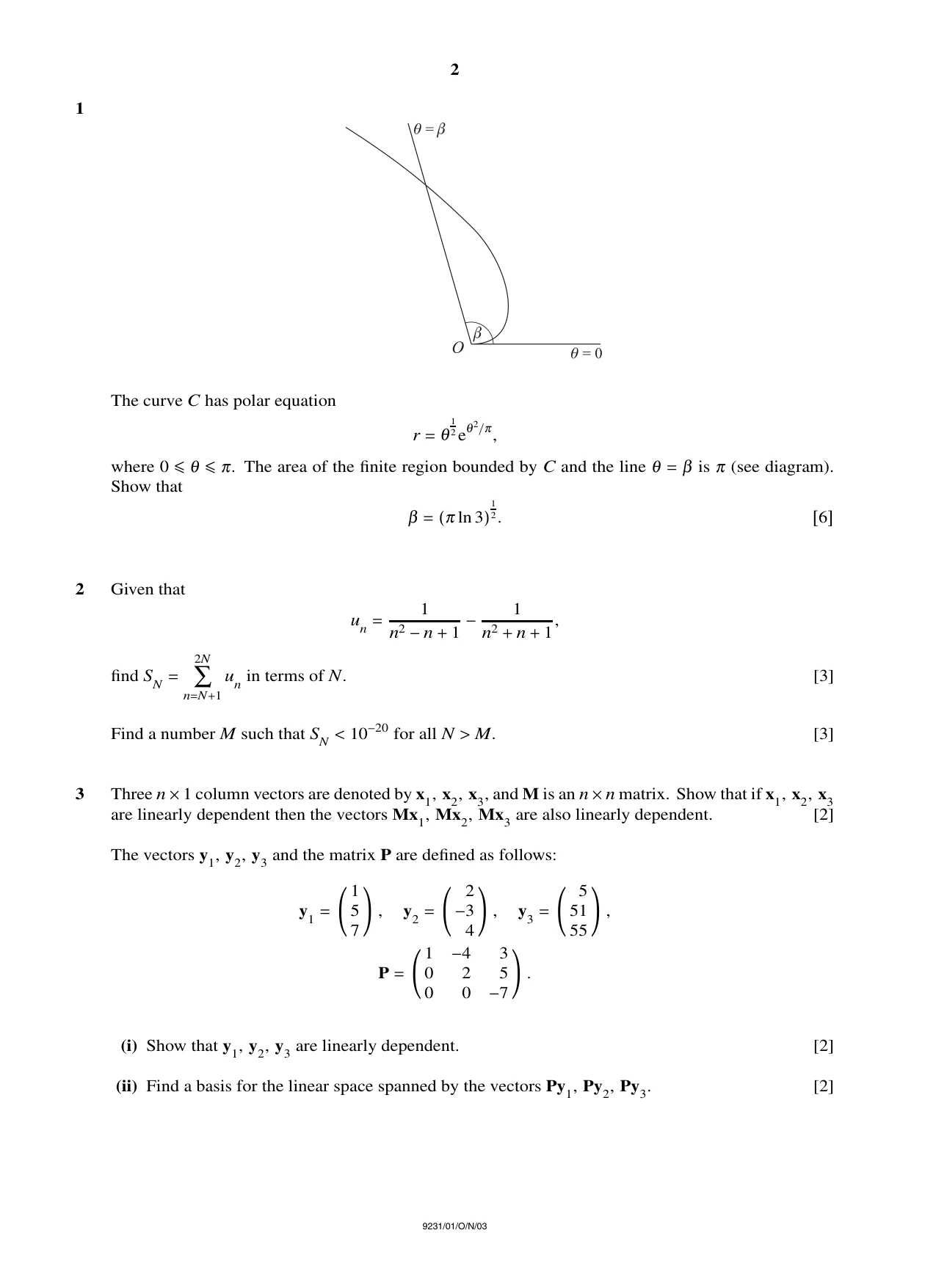 Cambridge A Level Mathematics - Further 9231 2003 Oct/Nov Paper 1 · Variant 1 question paper, page 2 of 4