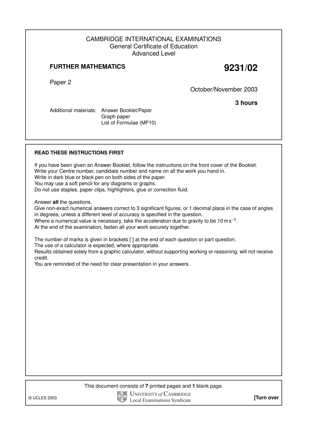 Cambridge A Level Mathematics - Further 9231 2003 Oct/Nov Paper 2 · Variant 1 question paper, page 1 of 8