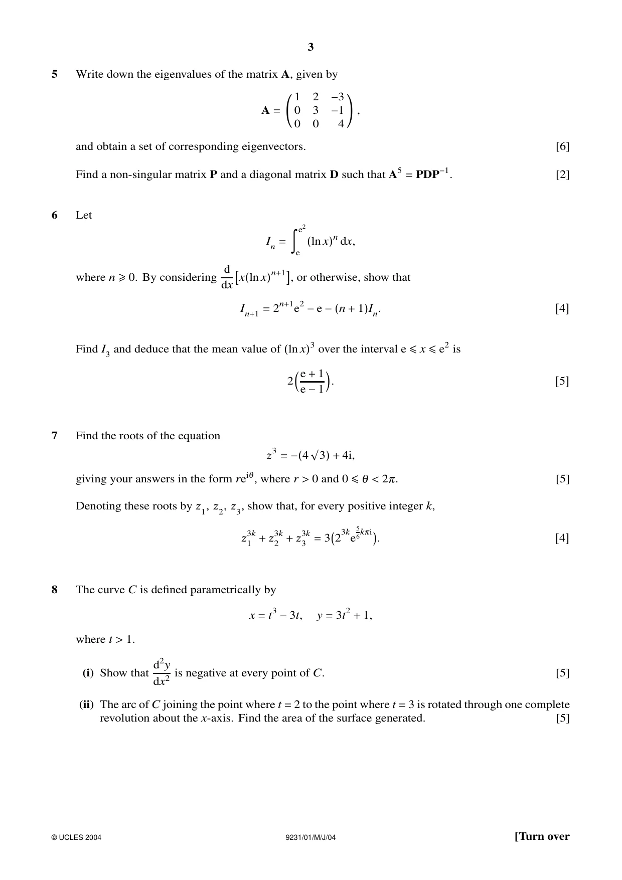 Cambridge A Level Mathematics - Further 9231 2004 May/June Paper 1 · Variant 1 question paper, page 3 of 8