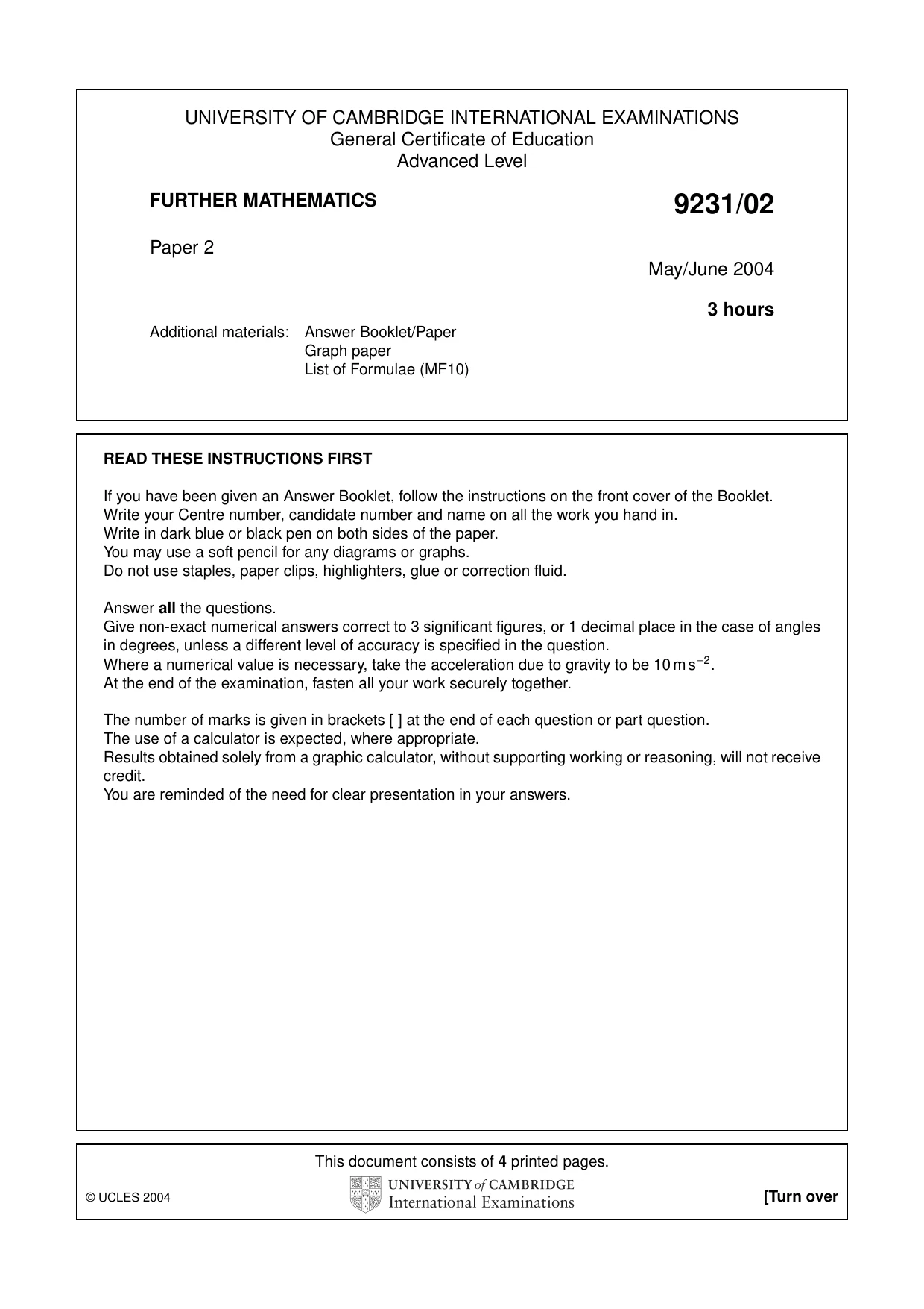 Cambridge A Level Mathematics - Further 9231 2004 May/June Paper 2 · Variant 1 question paper, page 1 of 4