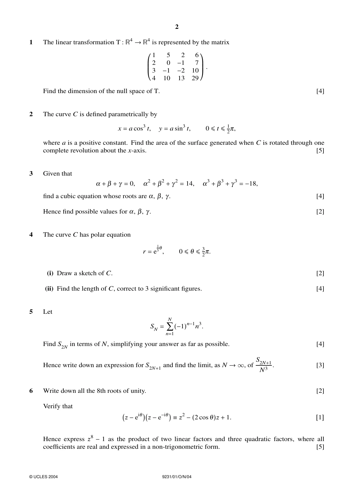 Cambridge A Level Mathematics - Further 9231 2004 Oct/Nov Paper 1 · Variant 1 question paper, page 2 of 8