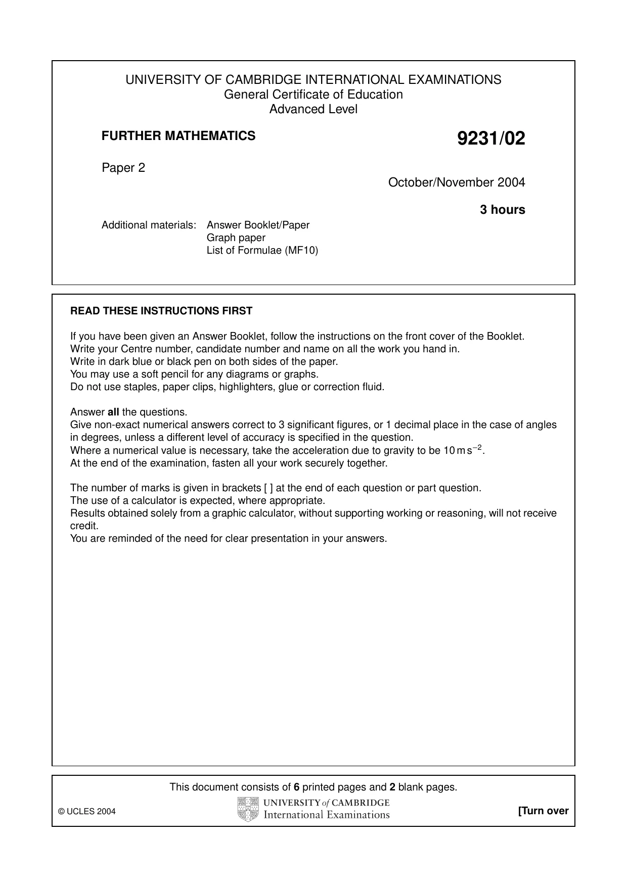 Cambridge A Level Mathematics - Further 9231 2004 Oct/Nov Paper 2 · Variant 1 question paper, page 1 of 8