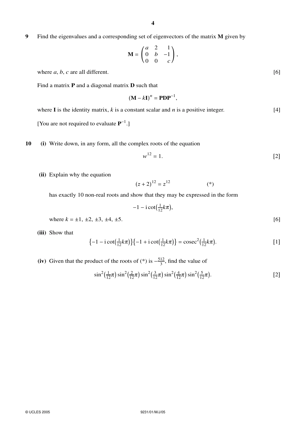 Cambridge A Level Mathematics - Further 9231 2005 May/June Paper 1 · Variant 1 question paper, page 4 of 8