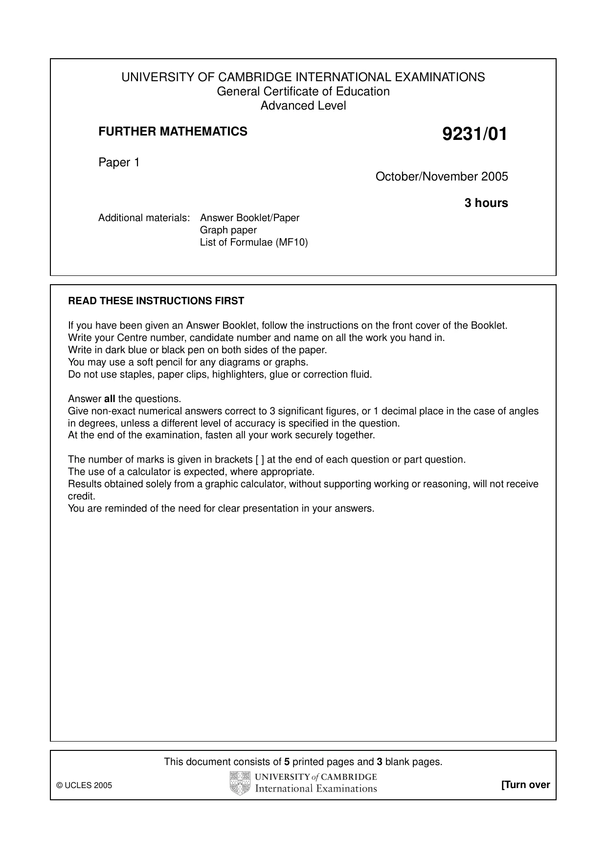 Cambridge A Level Mathematics - Further 9231 2005 Oct/Nov Paper 1 · Variant 1 question paper, page 1 of 8