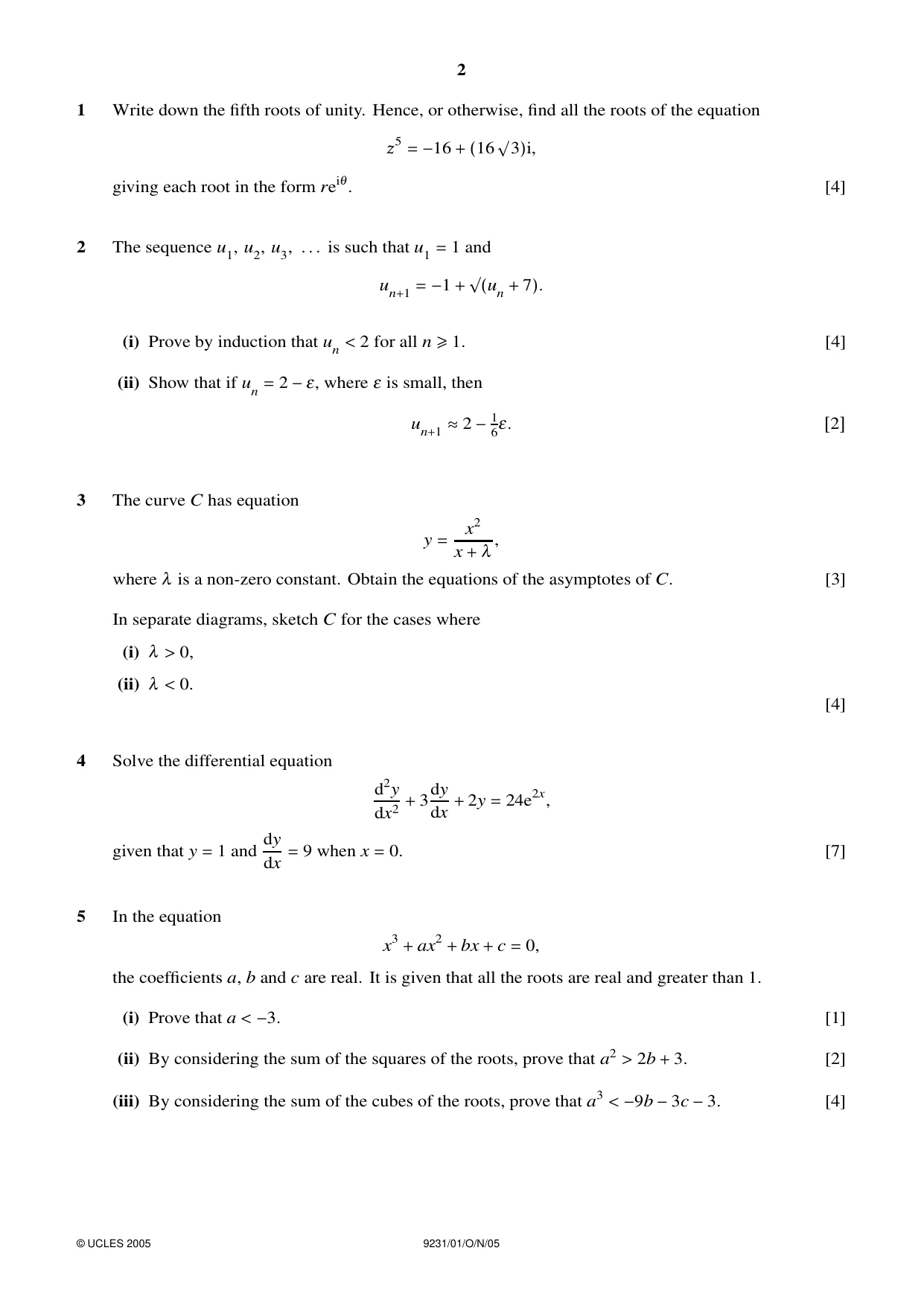 Cambridge A Level Mathematics - Further 9231 2005 Oct/Nov Paper 1 · Variant 1 question paper, page 2 of 8