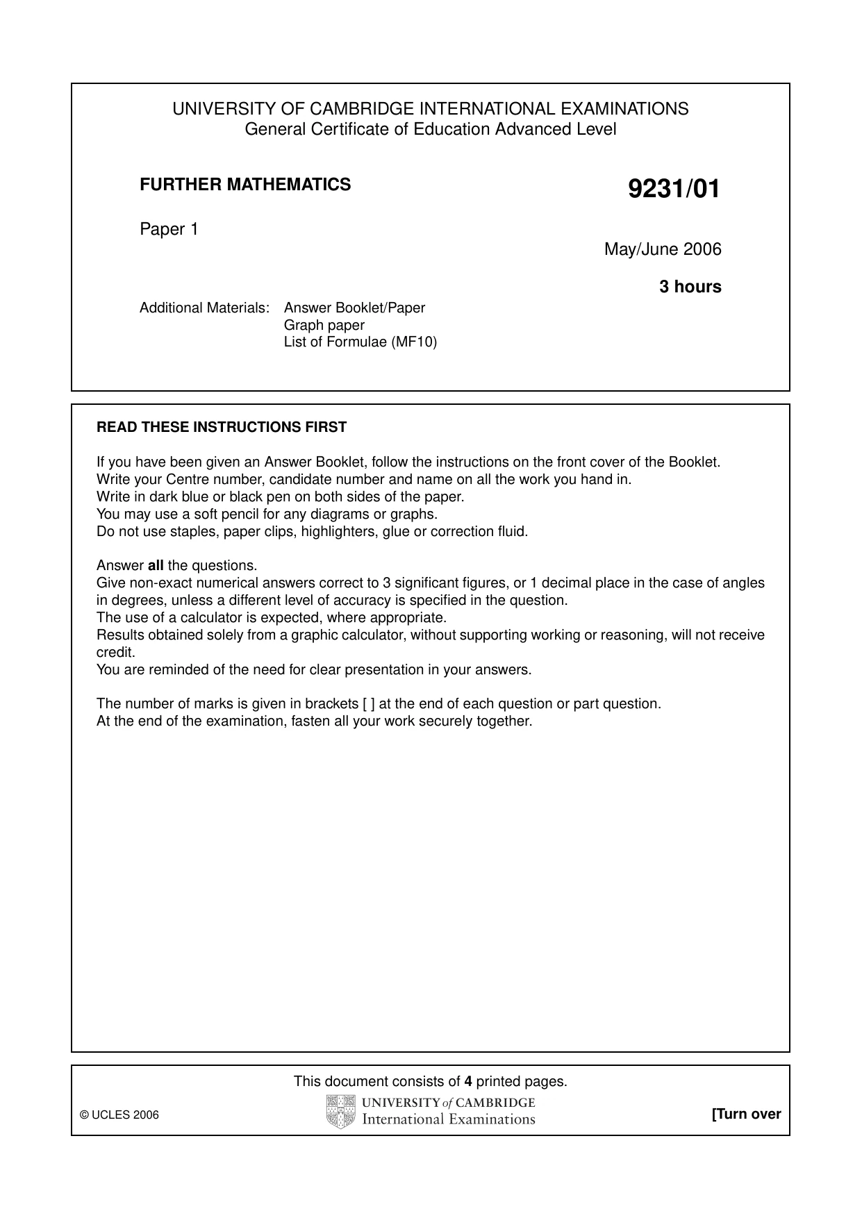 Cambridge A Level Mathematics - Further 9231 2006 May/June Paper 1 · Variant 1 question paper, page 1 of 4