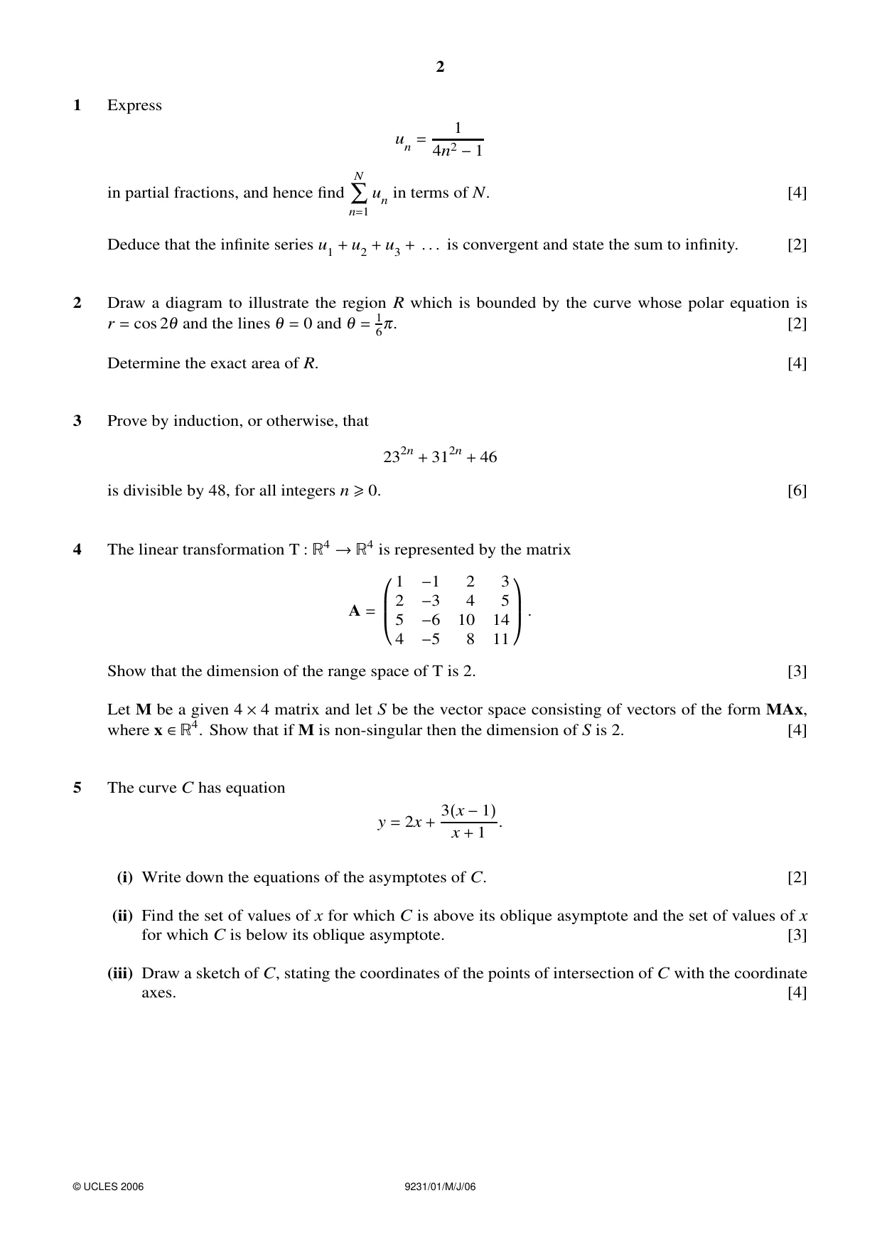 Cambridge A Level Mathematics - Further 9231 2006 May/June Paper 1 · Variant 1 question paper, page 2 of 4