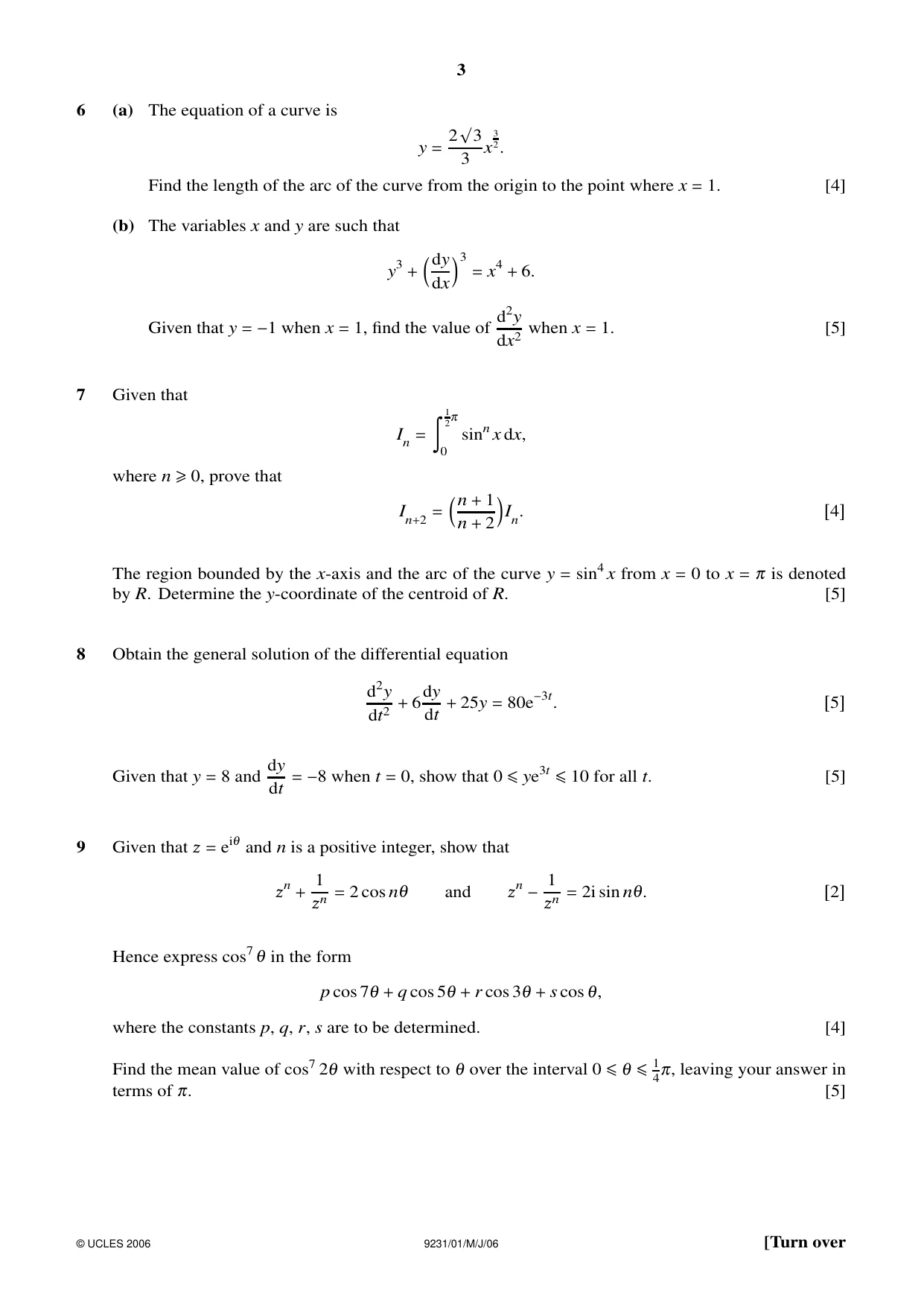 Cambridge A Level Mathematics - Further 9231 2006 May/June Paper 1 · Variant 1 question paper, page 3 of 4