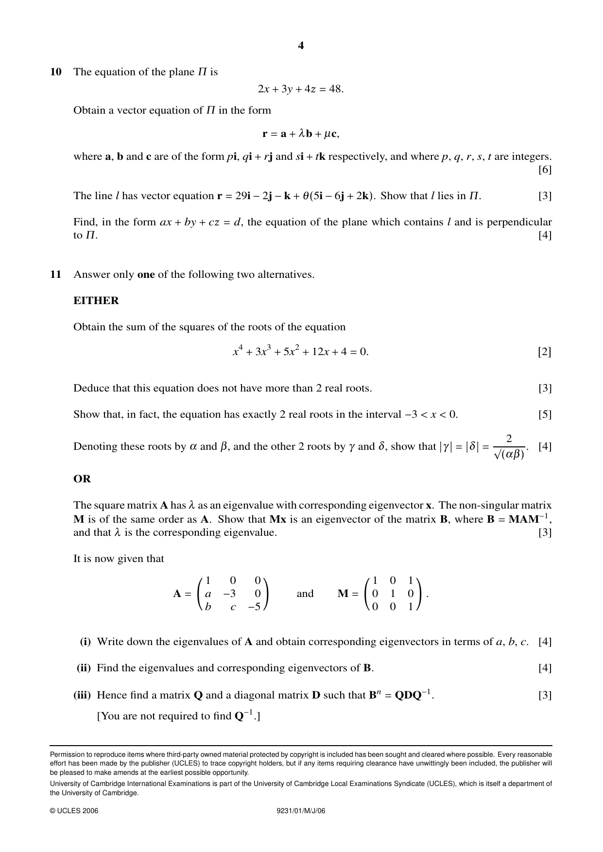 Cambridge A Level Mathematics - Further 9231 2006 May/June Paper 1 · Variant 1 question paper, page 4 of 4