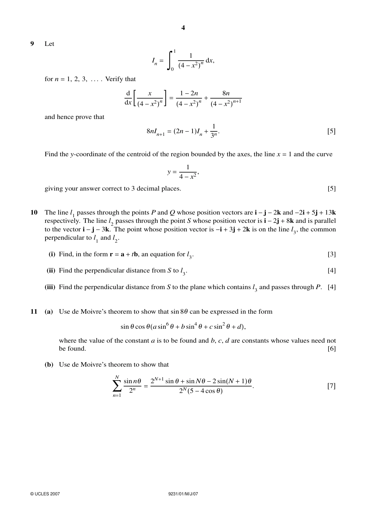 Cambridge A Level Mathematics - Further 9231 2007 May/June Paper 1 · Variant 1 question paper, page 4 of 8