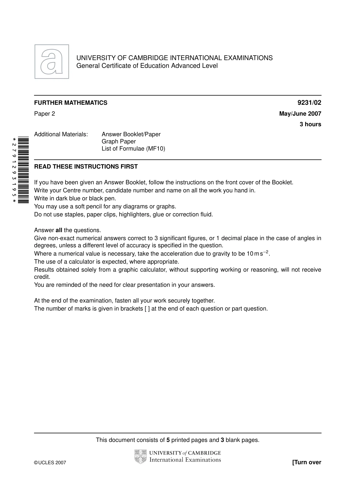 Cambridge A Level Mathematics - Further 9231 2007 May/June Paper 2 · Variant 1 question paper, page 1 of 8