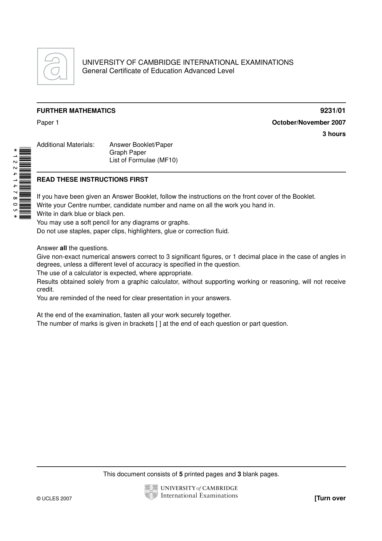 Cambridge A Level Mathematics - Further 9231 2007 Oct/Nov Paper 1 · Variant 1 question paper, page 1 of 8
