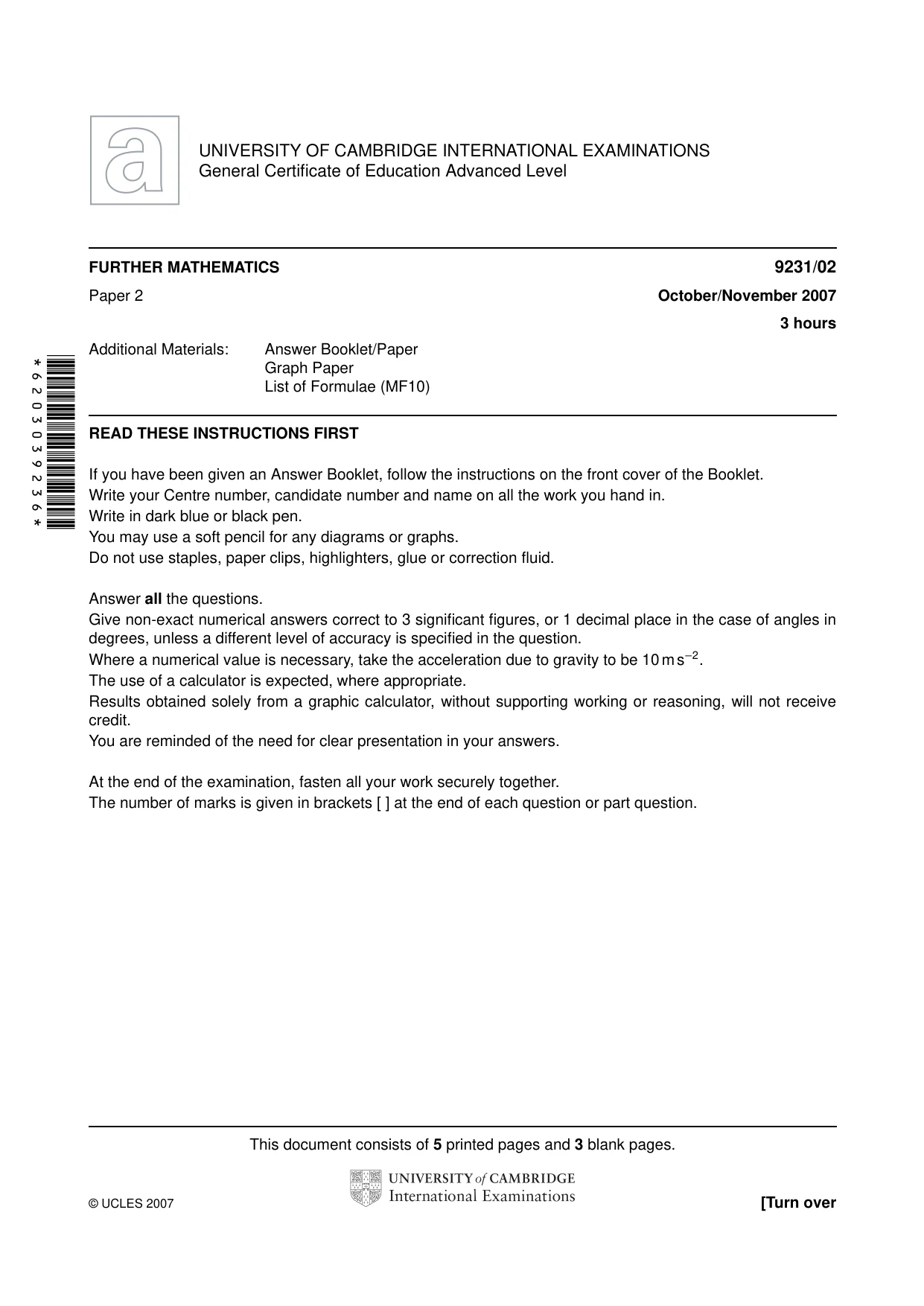 Cambridge A Level Mathematics - Further 9231 2007 Oct/Nov Paper 2 · Variant 1 question paper, page 1 of 8