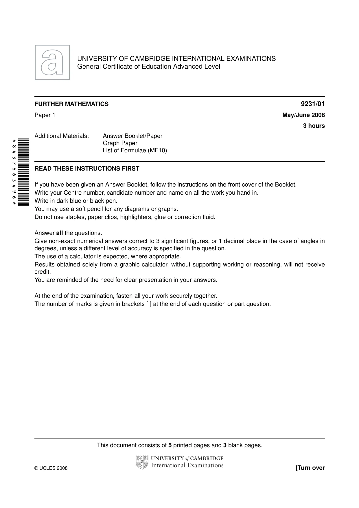 Cambridge A Level Mathematics - Further 9231 2008 May/June Paper 1 · Variant 1 question paper, page 1 of 8