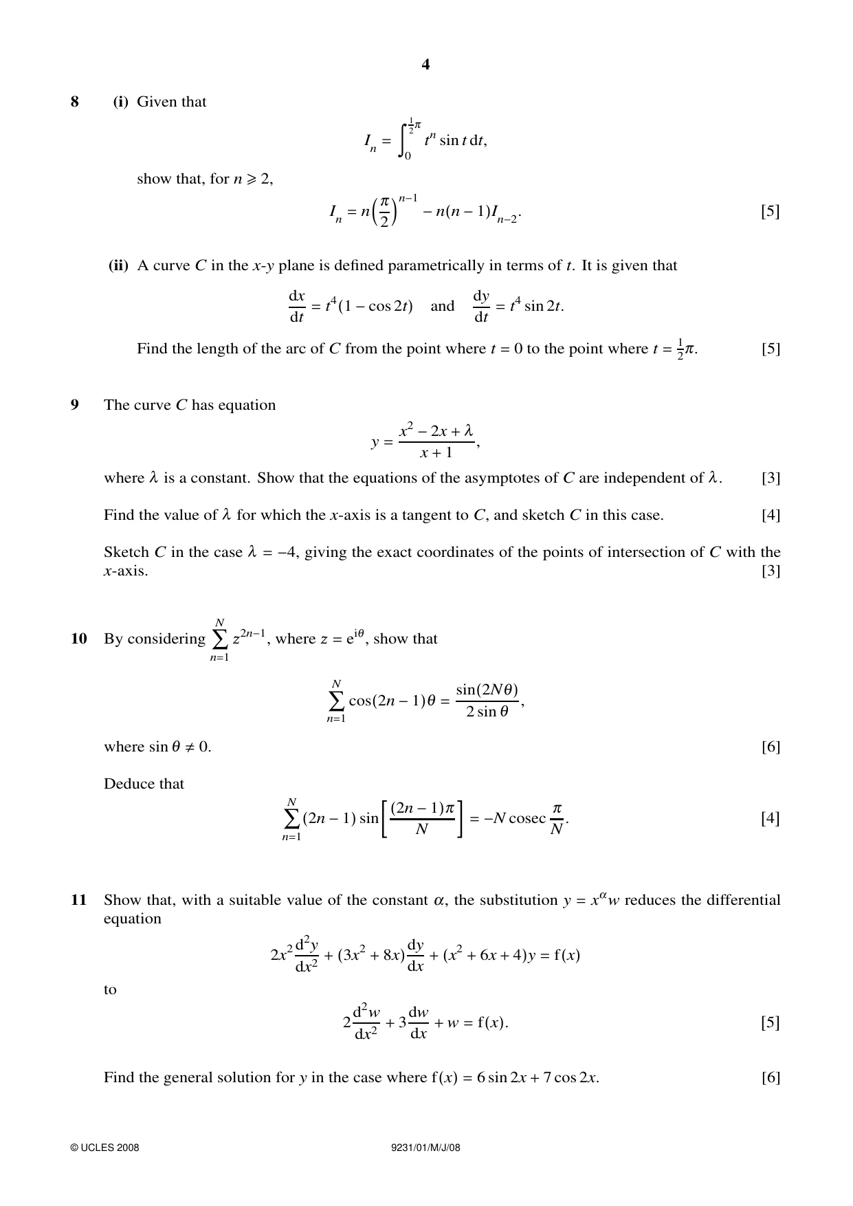 Cambridge A Level Mathematics - Further 9231 2008 May/June Paper 1 · Variant 1 question paper, page 4 of 8