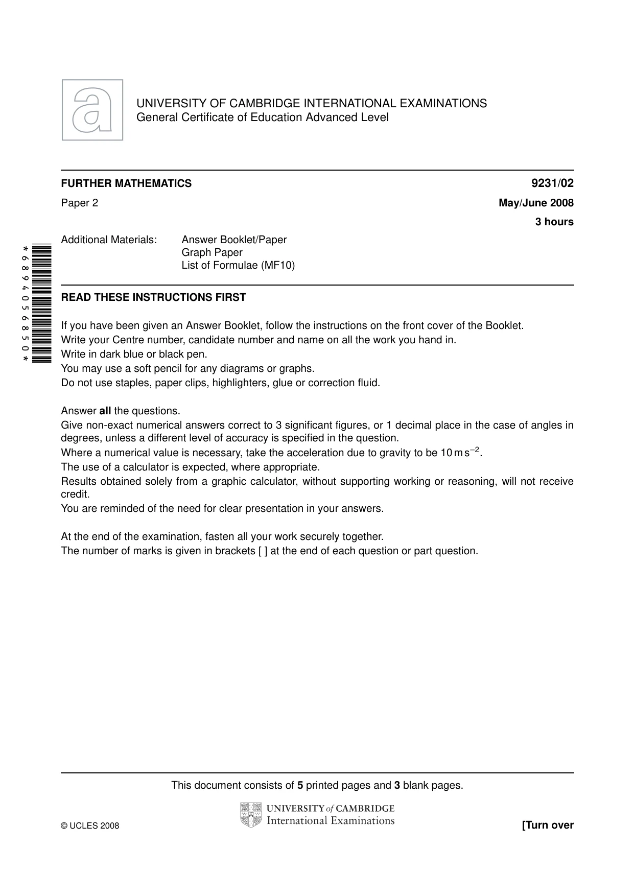 Cambridge A Level Mathematics - Further 9231 2008 May/June Paper 2 · Variant 1 question paper, page 1 of 8