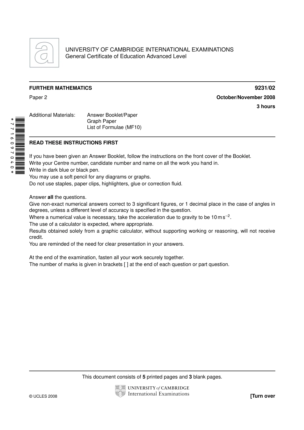 Cambridge A Level Mathematics - Further 9231 2008 Oct/Nov Paper 2 · Variant 1 question paper, page 1 of 8