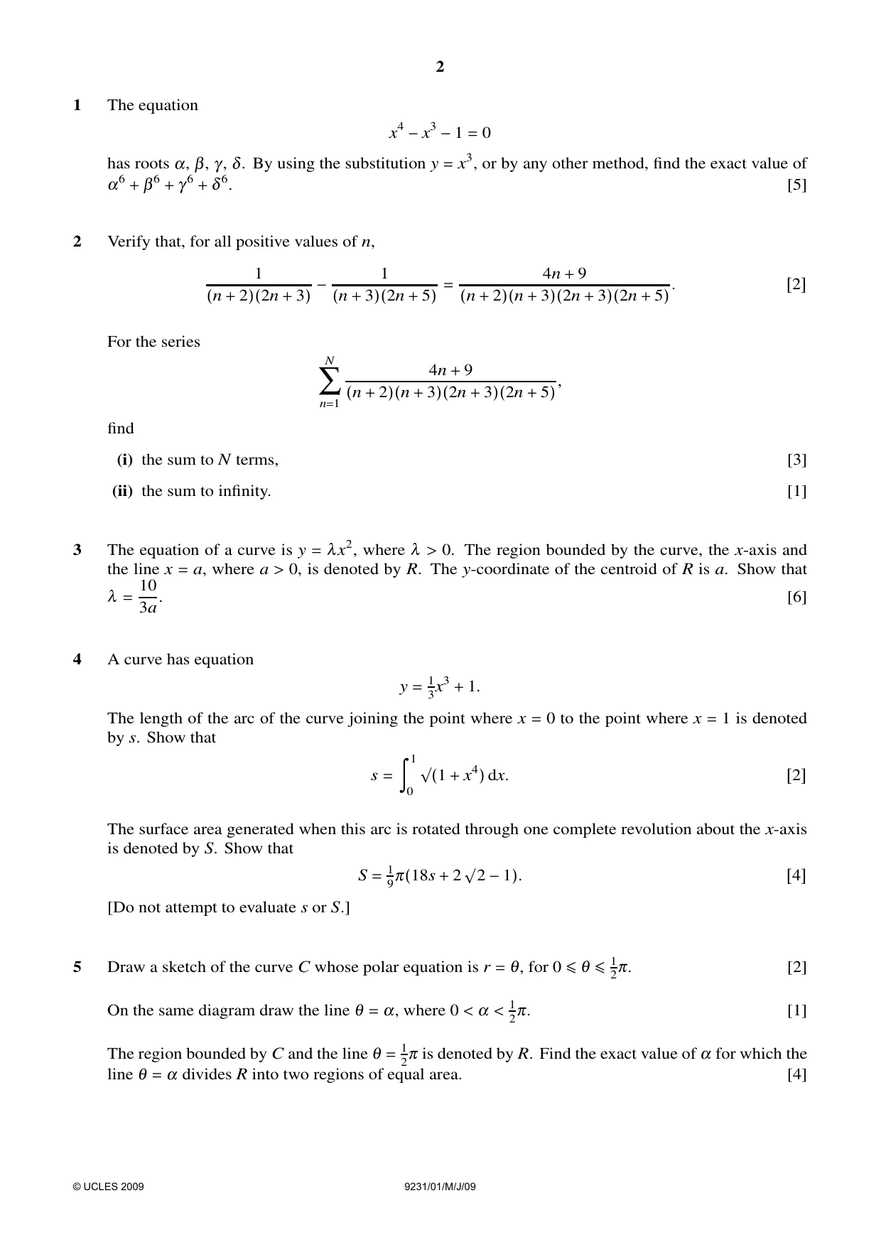 Cambridge A Level Mathematics - Further 9231 2009 May/June Paper 1 · Variant 1 question paper, page 2 of 8