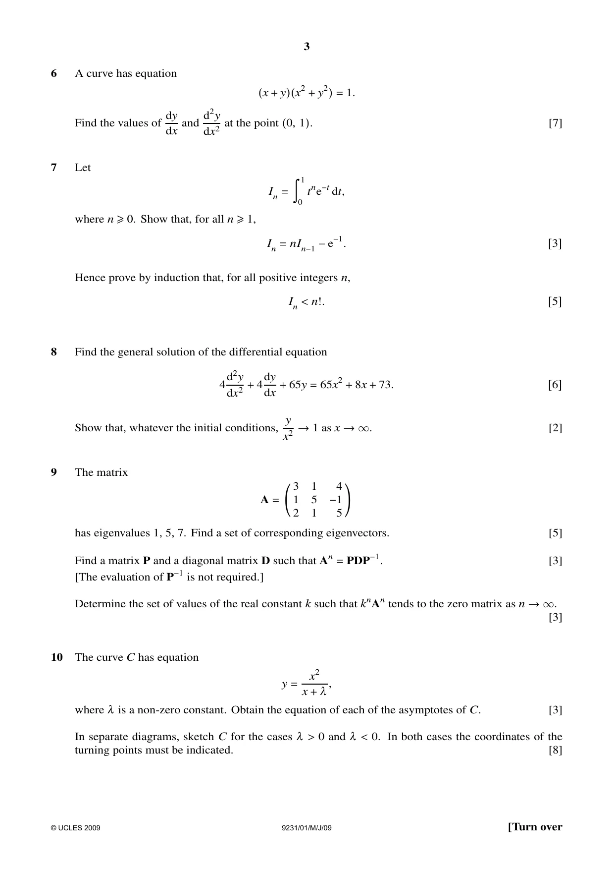 Cambridge A Level Mathematics - Further 9231 2009 May/June Paper 1 · Variant 1 question paper, page 3 of 8