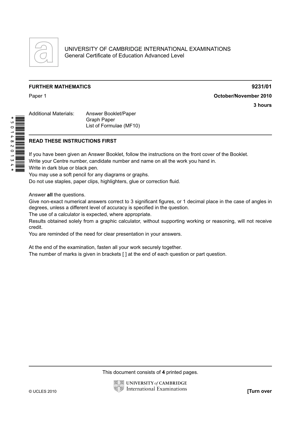 Cambridge A Level Mathematics - Further 9231 2010 Oct/Nov Paper 1 · Variant 1 question paper, page 1 of 4