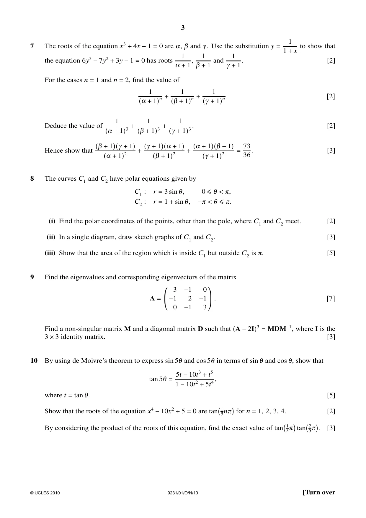 Cambridge A Level Mathematics - Further 9231 2010 Oct/Nov Paper 1 · Variant 1 question paper, page 3 of 4