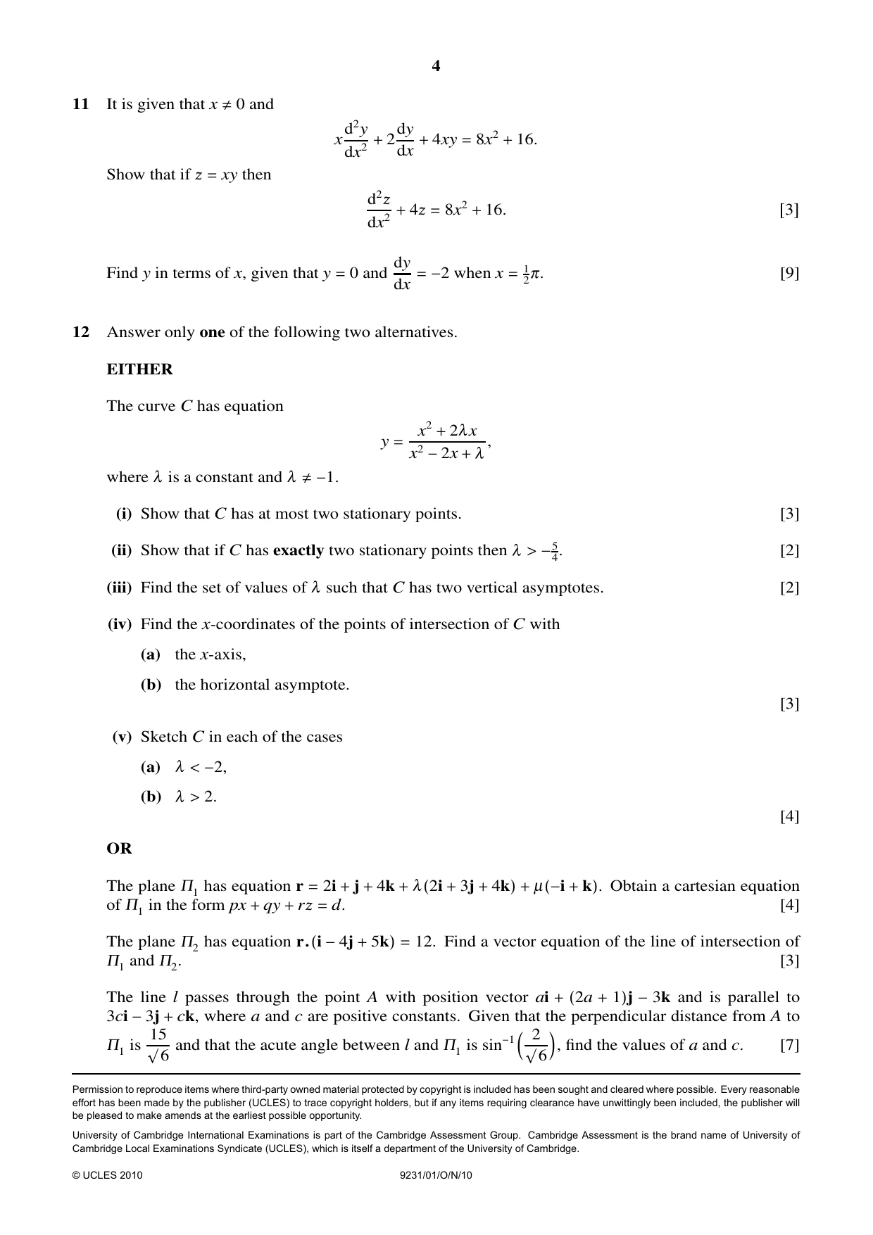Cambridge A Level Mathematics - Further 9231 2010 Oct/Nov Paper 1 · Variant 1 question paper, page 4 of 4