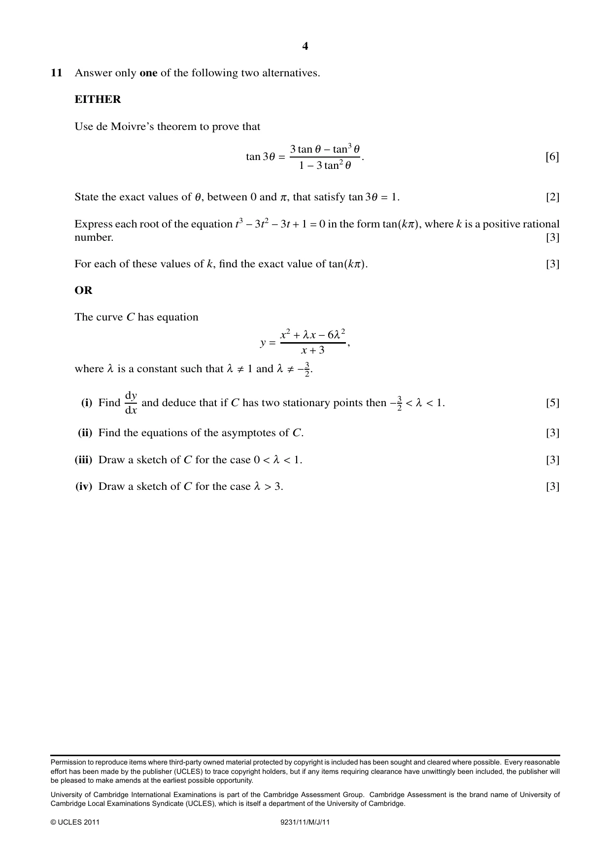 Cambridge A Level Mathematics - Further 9231 2011 May/June Paper 1 · Variant 1 question paper, page 4 of 4
