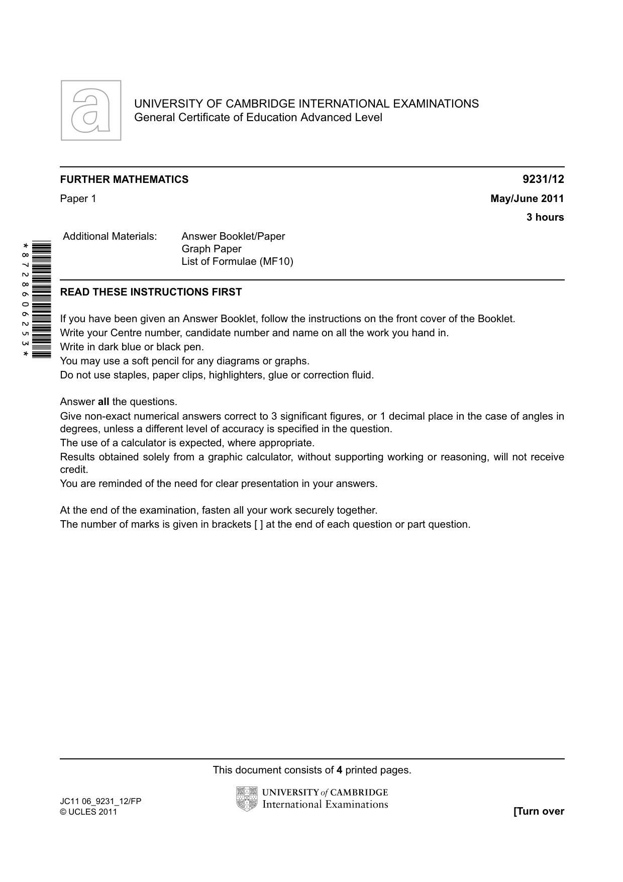 Cambridge A Level Mathematics - Further 9231 2011 May/June Paper 1 · Variant 2 question paper, page 1 of 4