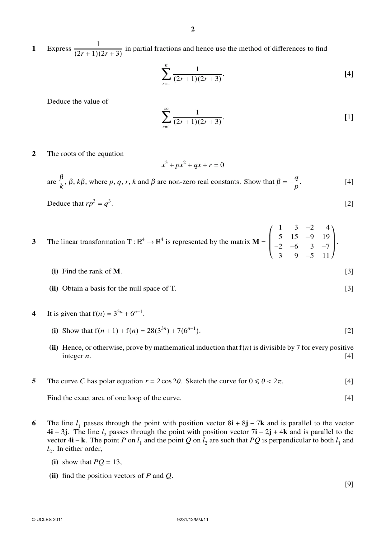 Cambridge A Level Mathematics - Further 9231 2011 May/June Paper 1 · Variant 2 question paper, page 2 of 4