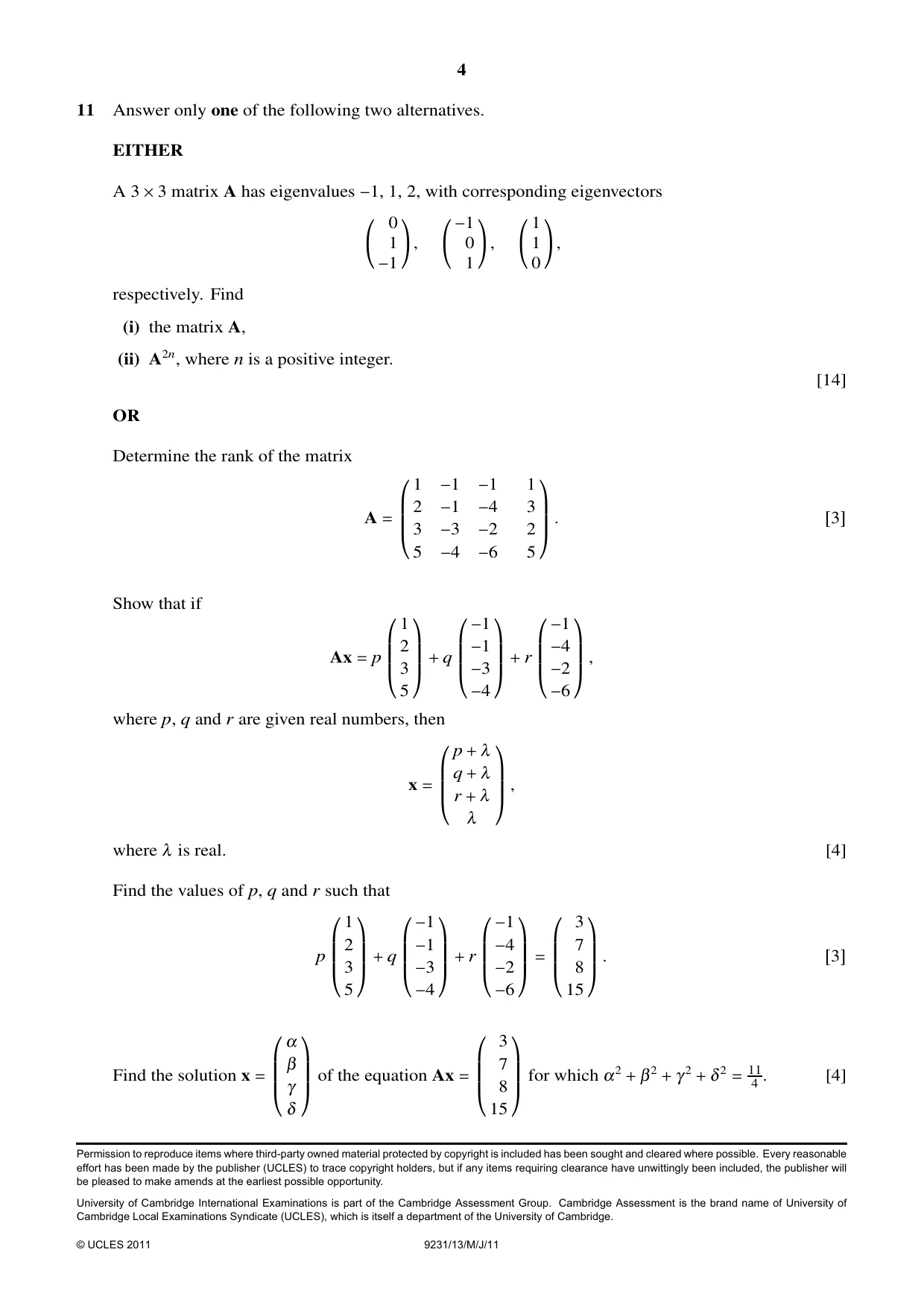 Cambridge A Level Mathematics - Further 9231 2011 May/June Paper 1 · Variant 3 question paper, page 4 of 4