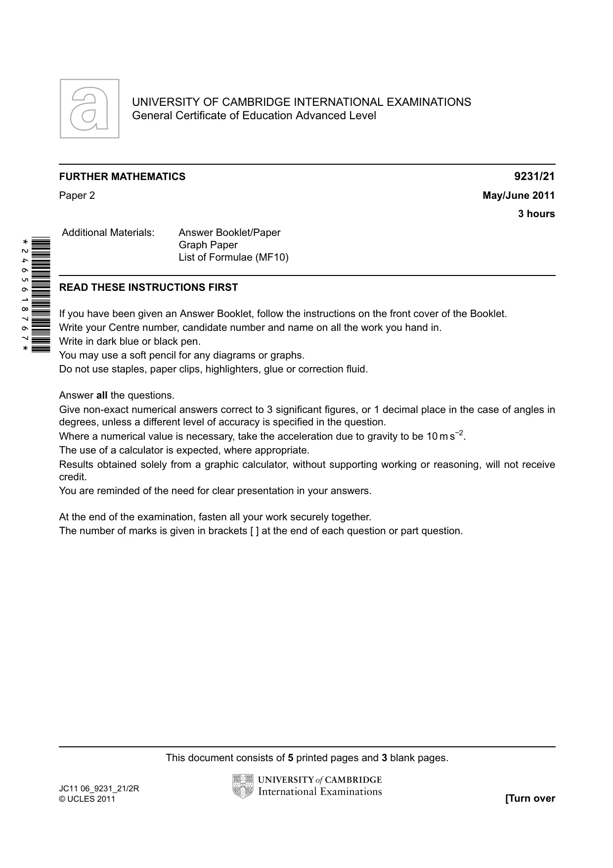 Cambridge A Level Mathematics - Further 9231 2011 May/June Paper 2 · Variant 1 question paper, page 1 of 8