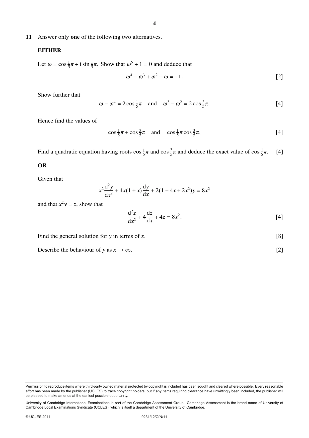 Cambridge A Level Mathematics - Further 9231 2011 Oct/Nov Paper 1 · Variant 2 question paper, page 4 of 4