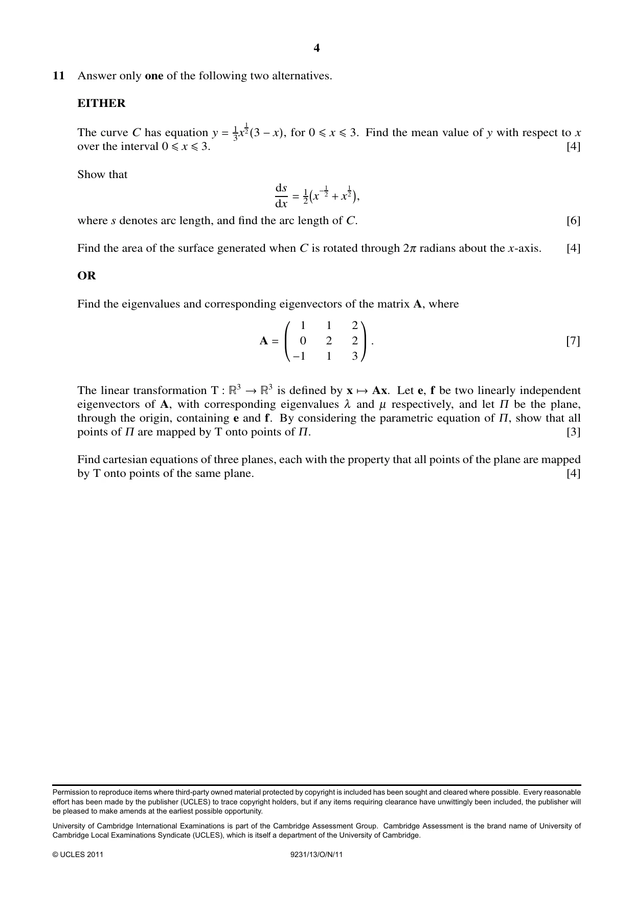 Cambridge A Level Mathematics - Further 9231 2011 Oct/Nov Paper 1 · Variant 3 question paper, page 4 of 4